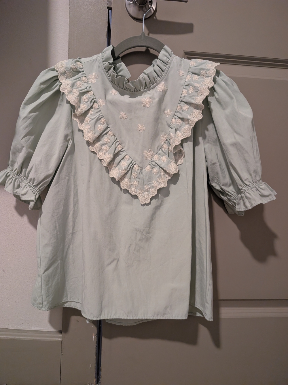 Ruffled Bib Blouse - Light Sage Green